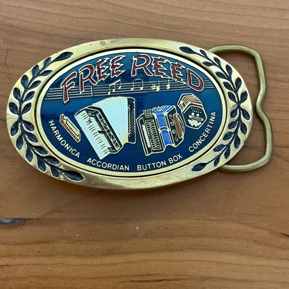Vintage Heritage Buckles Solid Brass Free Reed Accordion Harmonica Belt Buckle